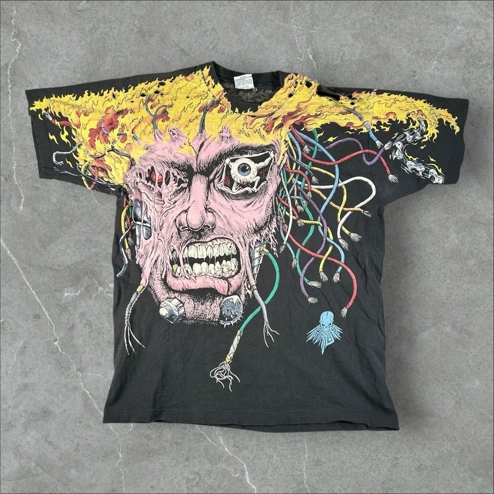 Vintage Liquid Blue Shirt Mens XL Black 90s Overload Rare Wolverine X-Men AOP